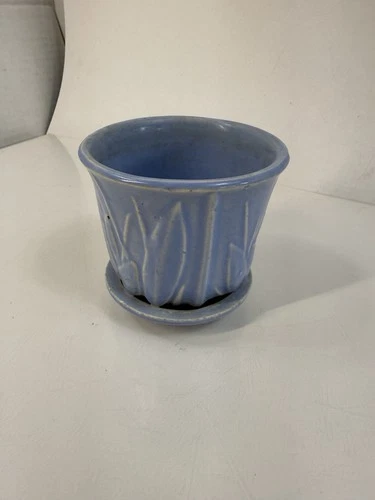 McCoy Flower Pot With Attached Saucer In Blue 1940s Vintage
