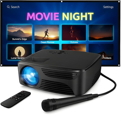 Mini Bluetooth Projector with Screen, Karaoke Microphone & Remote Control | Port