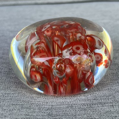 VYG Paperweight Orange White Swirls Oval Glass Ribbon Art Clear Desk Dresser