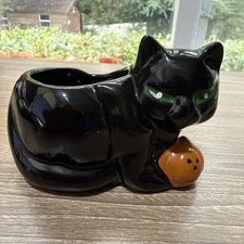 Vintage Ceramic Black Cat Pumpkin Mini Planter/Candle Holder Green Eyes