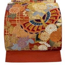 Japanese Kimono Fukuro obi excellent item flowers butterflies gold thread