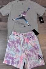 NWT Nike Jordan Kids YLG Gray/White/Purple/Pink/Blue Fleece Shorts Set Large