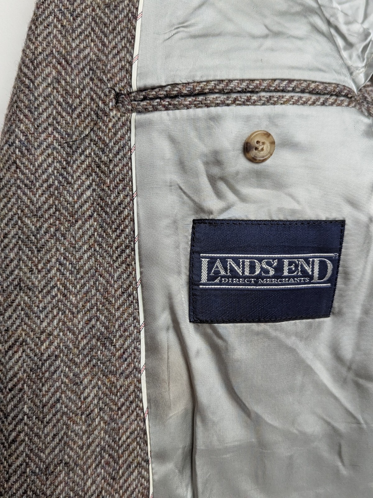 LANDS' END Vtg 90s USA Brown Herringbone Tweed BLAZER SUIT COAT JACKET Men's