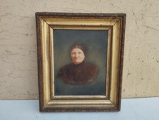 Antique XIX Siècle Carré Peinture Huile sur Toile Portrait Femme Aîné Avec Cadre