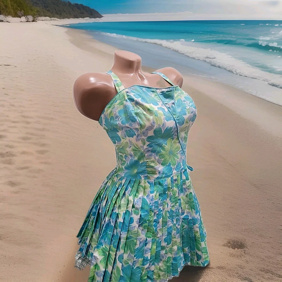 Traje de baño de colección años 60 vestido Gabar 16 sujetador incorporado blanco azul verde estampado margarita Foto 2 de 4