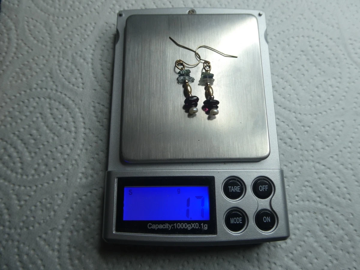 9ct gold earrings ~ Garnet, Pearl, Tourmaline and Aquamarine semi precious chips
