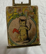 Antique Wooden Childs Block With Lithograph Kitty Cat Darning Socks, Flowers