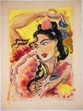 1955 SPANISH GYPSY DANCER CASTANETS WATERCOLOR 15x12 ALICE HUERTAS Read P291