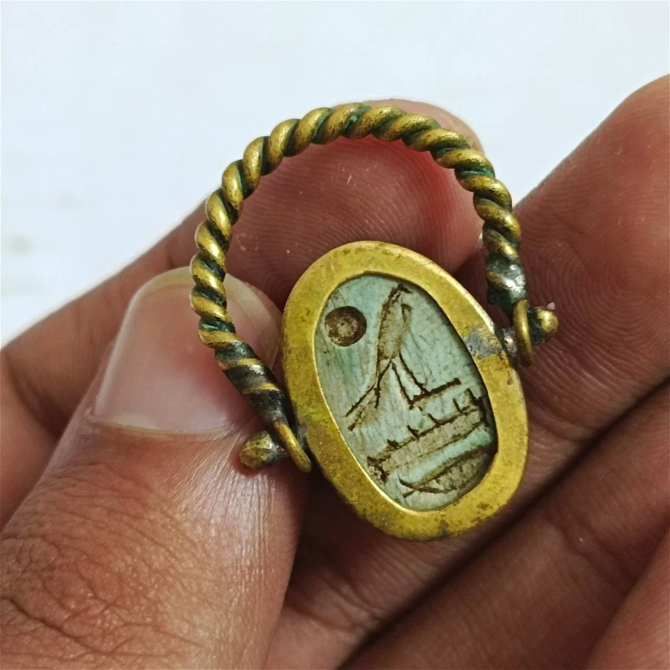 Ancient-style scarab ring with green stone carving, Egyptian handmade jewelry - image 3 of 4