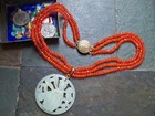 Vintage Chinese Beaded Necklace cameo lady jade pendant orange bead disc silver — photo 4
