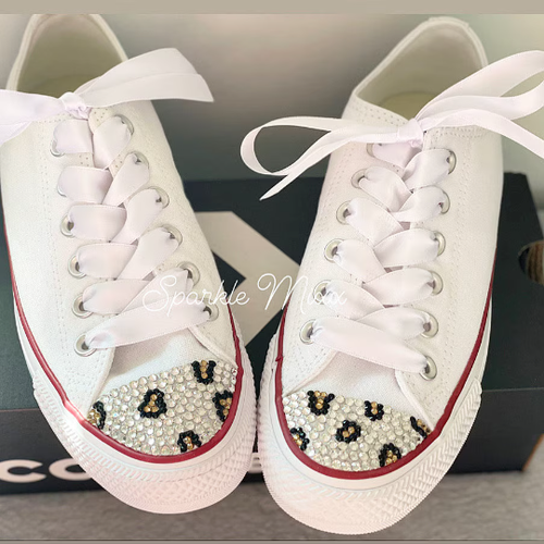 White Leopard Print Crystal Converse - Women Exclusive Bling Shoes, Ribbon Laces - Picture 7 of 7