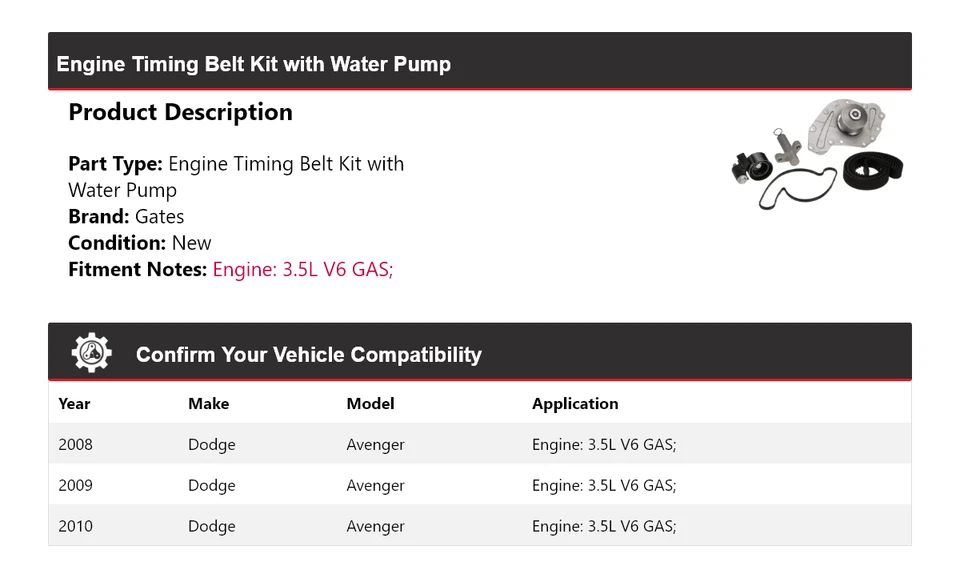 Kit de correa de distribución del motor Dodge Avenger 2008-2010 con puertas de bomba de agua 2009 Foto 2 de 3