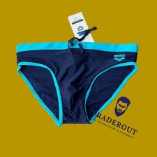 Arena men navy blue Fundamentals borders swim brief swimwear size 34 36 38