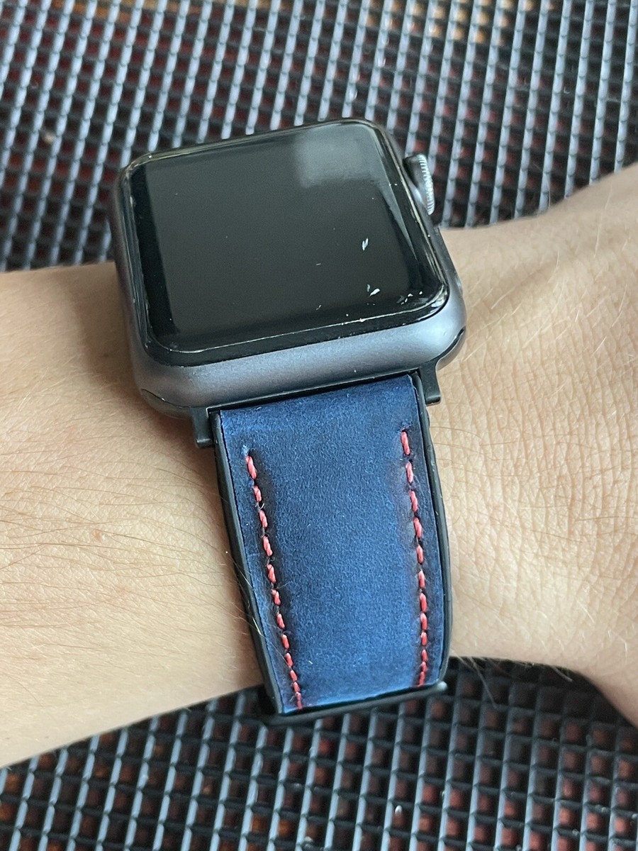 APPLE 42 44mm iWatch Waterproof BLUE Leather RED Stitch Black