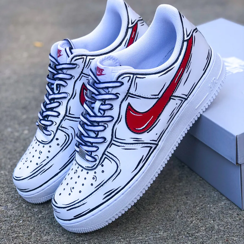 Nike Air Force 1 Cartoon Red Custom Buty Low Swoosh Czarne Obrys Wszystkie rozmiary - Zdjęcie 1 z 9