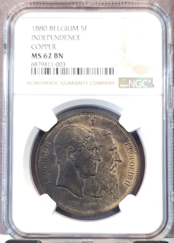 1880 BELGIUM 5 FRANCS INDEPENDENCE COPPER NGC MS 62 BN SCARCE