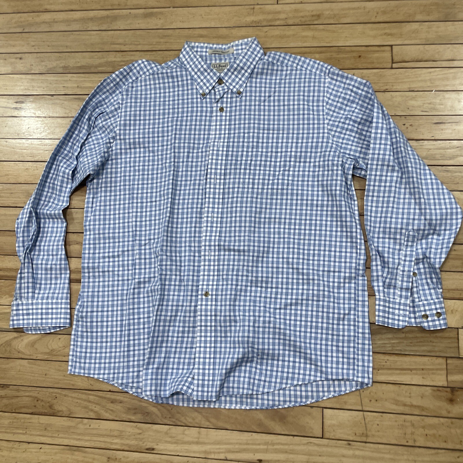 L.L. Bean Shirt Men XL Reg Blue Check Plaid Button Down Wrinkle Resist Classic