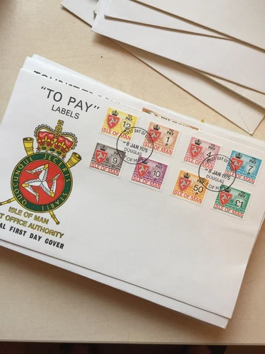Isle of Man First Day Cover To Pay Labels Postage Due 1975 1/2p to £1 FDC U/A