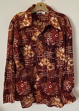 Vintage 70s Montgomery Ward Acetate Rust Floral Disco Hipster Button LS Shirt XL