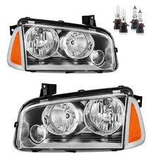 Pair Headlights For 2006-2010 Dodge Charger Chrome Amber Headlamps W Bulbs