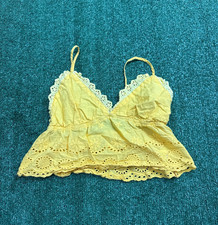 Womens Cute Boho Cottage Fairy Lace Yellow Cropped Cami Tank Top Small