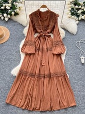 Retro Lace Belted Waist Lantern Sleeve Dress Women Temperament A-line Long Skirt