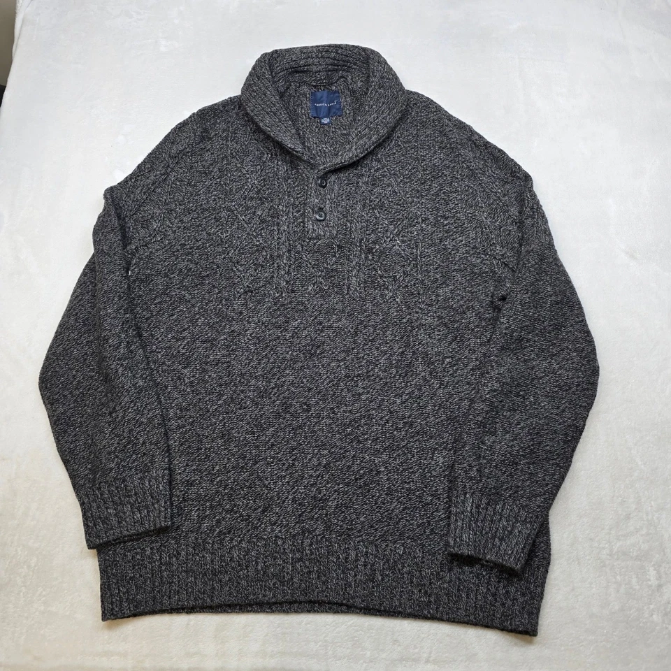 Suéter masculino American Eagle xale gola cabo malha 3XL cinza botão urze - Imagem 2 de 4