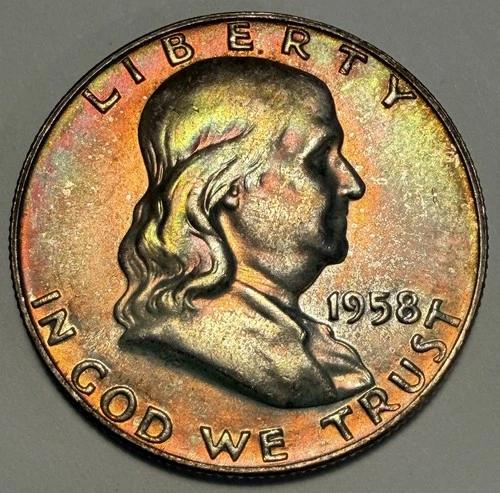 1958-D Franklin Half Dollar, Gem BU, Rainbow Mint Set Toning!