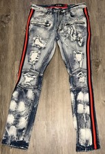 MAKOBI Mens Denim Jeans Dark Wash M1743 Shredded Slim Size 34x 32 Dark Wash