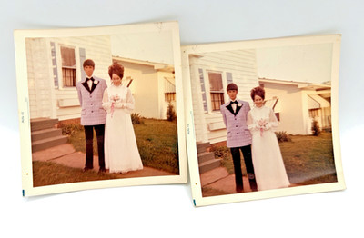 VTG Awkward Adorable Prom Couple 1970s Plaid Bouffant Suburban Lawn Found Photos