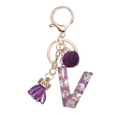 Initial Letter Keychain, Cute Alphabet Letter-V Charm with Tassel Ball, Purple