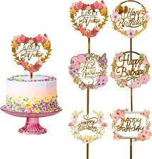 6PCS Happy Birthday Cake Toppers, Flower Acrylic Cupcake Cake Toppers Gold Cake