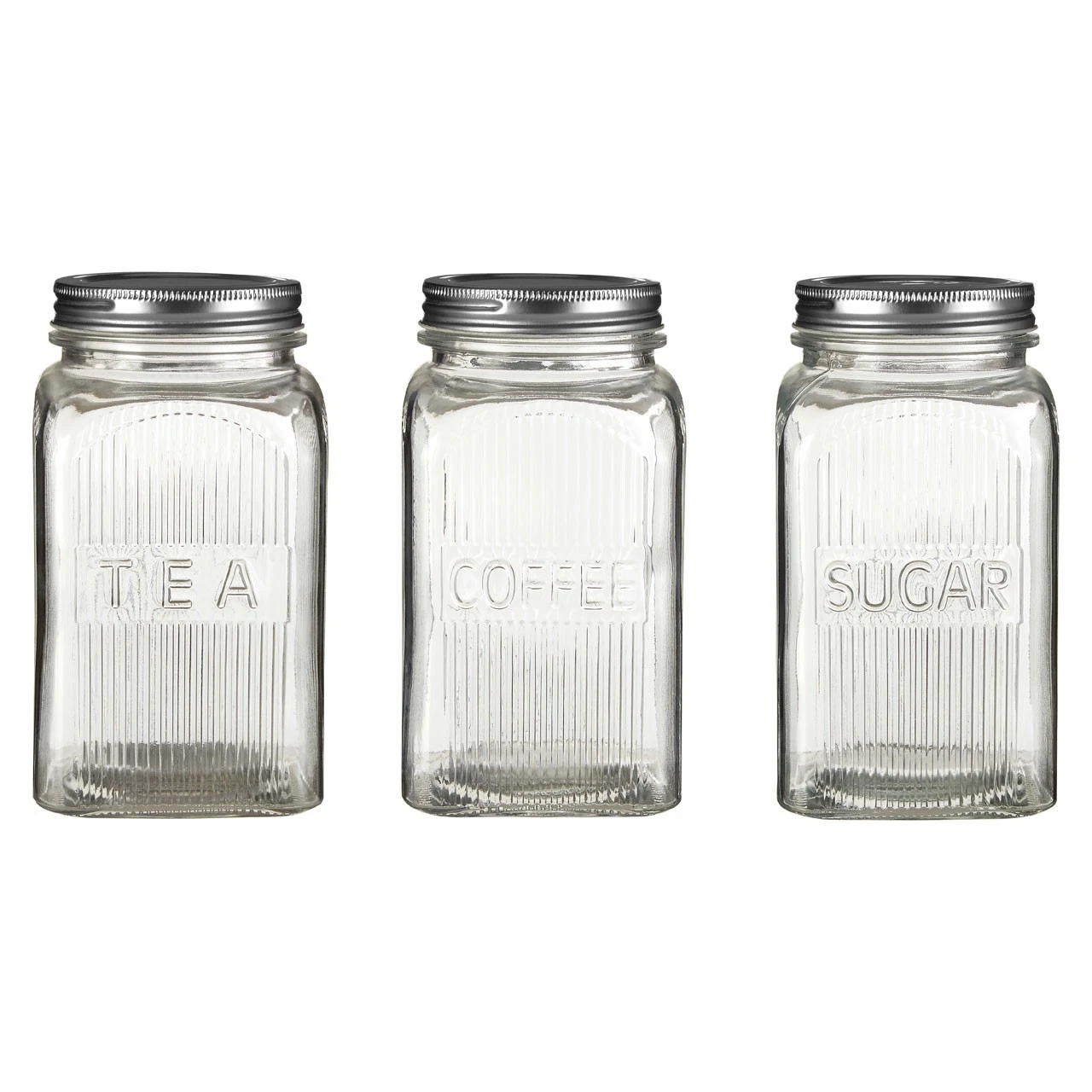 Set of 3 Coffee Tea Sugar Embossed Glass Jars Canisters Containers Silver Lid