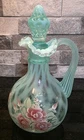 Fenton Aqua Opalescent Dia Optic Cruet Signed Hand Painted
