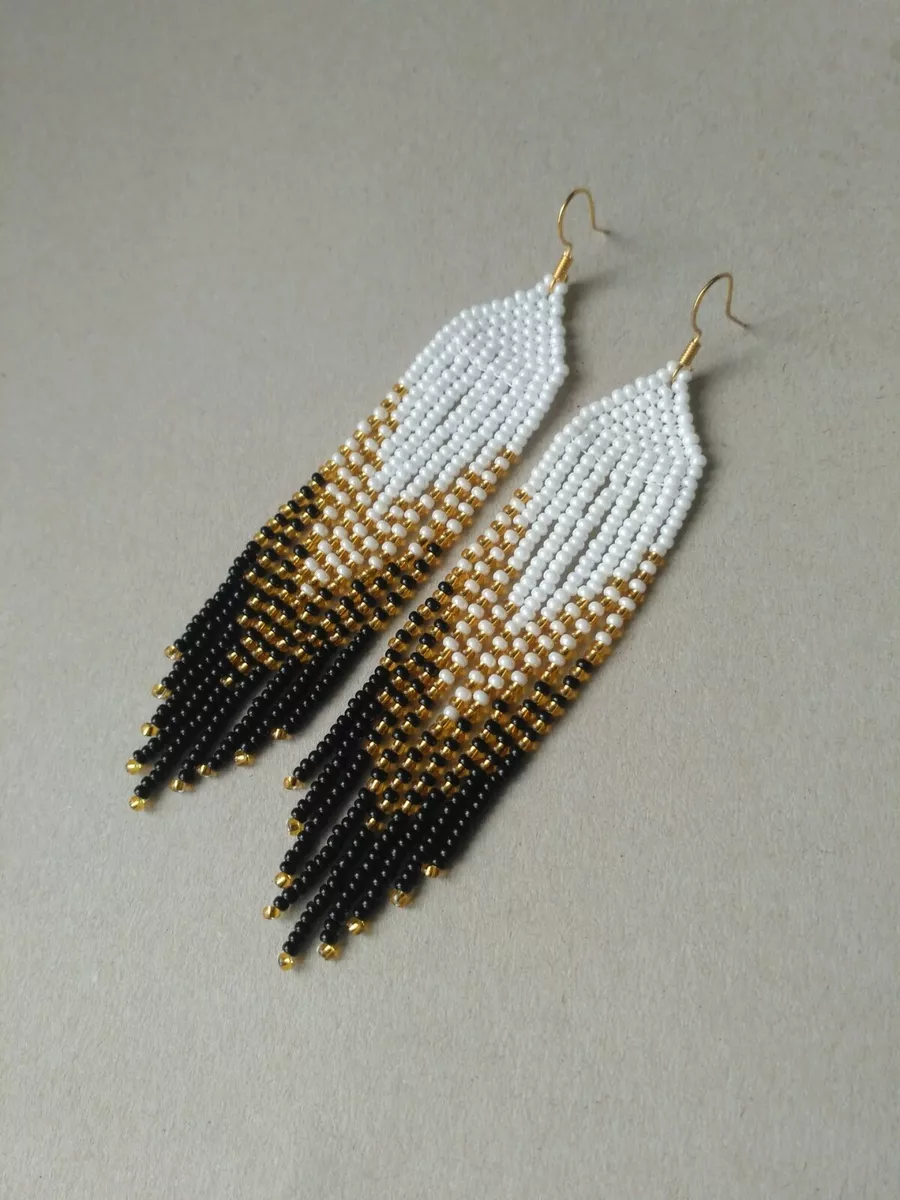 Fringe Beaded Earrings Black White Seed Bead earrings Gold earrings handmade