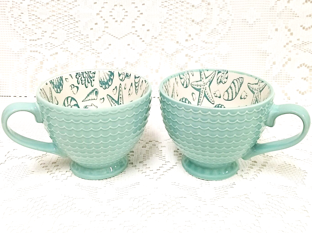 PFALTZGRAFF Venice STONEWARE 12oz Mug Cup TURQUOISE BLUE w/ SEASHELLS  Beach