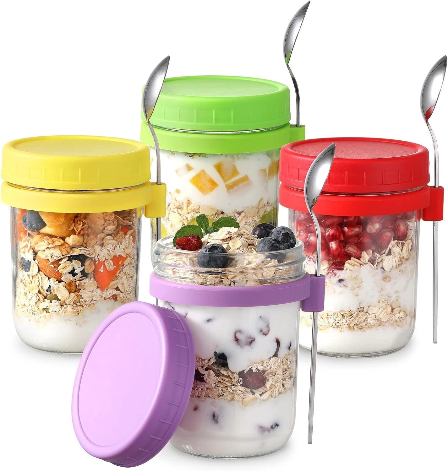 4 Pack Overnight Oats Containers with Lids and Spoons 16 oz Glass Mason Jars Air