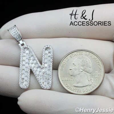 MEN WOMEN 925 STERLING SILVER ICY BAGUETTE CZ 3D INITIAL LETTER ''N'' PENDANT*A412