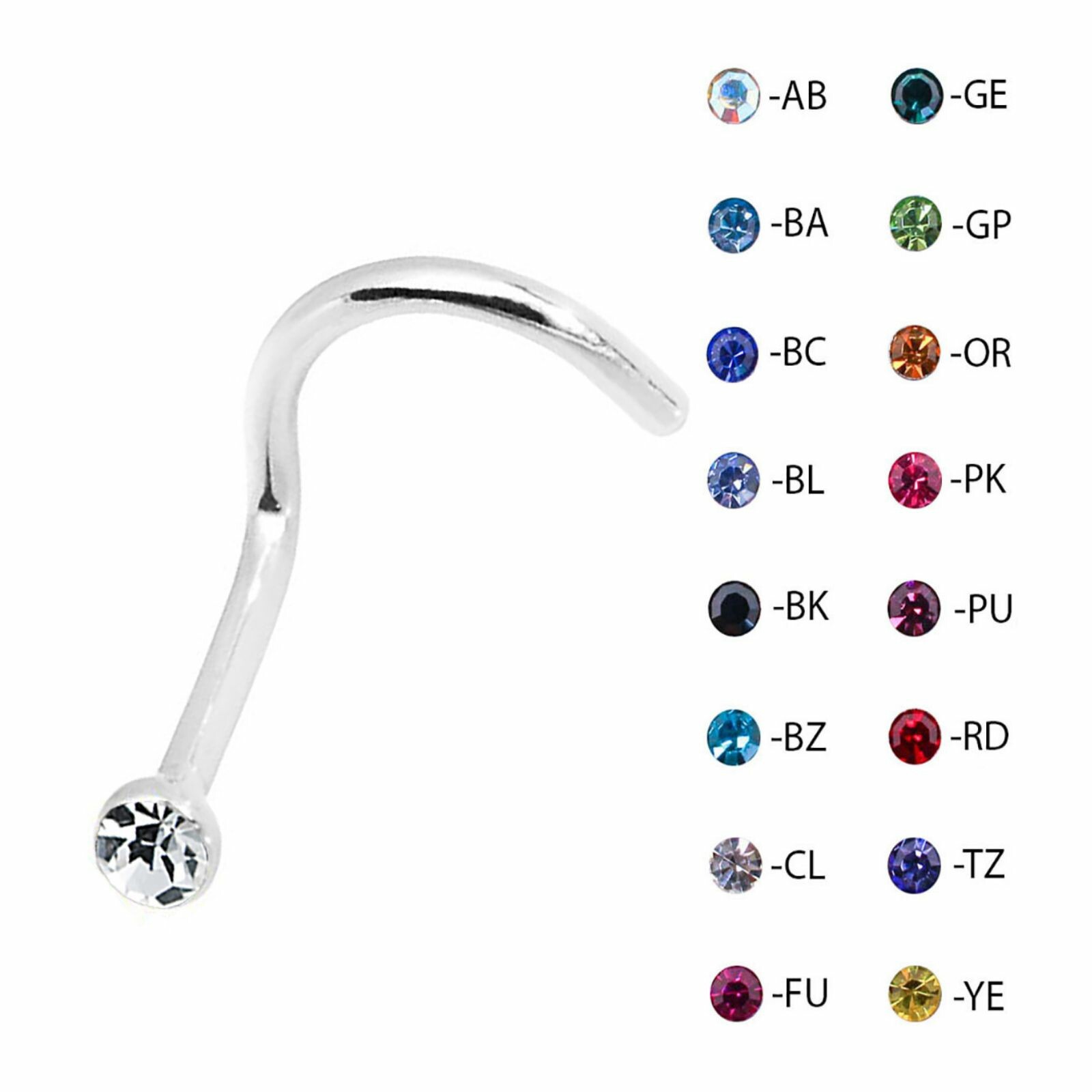 Nose Screw Surgical Steel Bent Pin Body Piercing Stud With Coloured Gem 18g