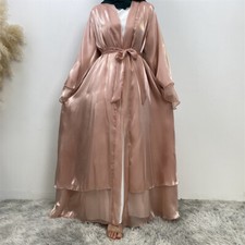 Dubai Women Satin Open Long Dress Modest Kimono Abaya Muslim Robe Evening Gown