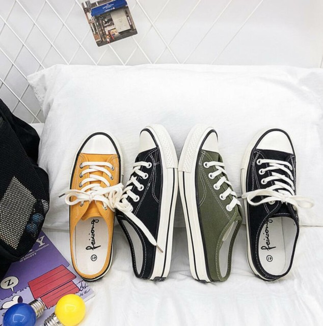 canvas slip on mules