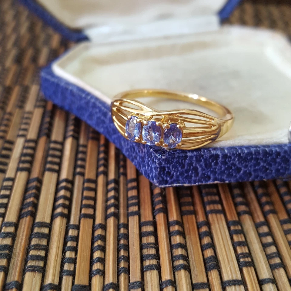 Anillo de Plata de Ley 925, Anillo Trilogía Tanzanita Genuina, Talla S.5 EE. UU. 9.25, Oro Foto 4 de 4