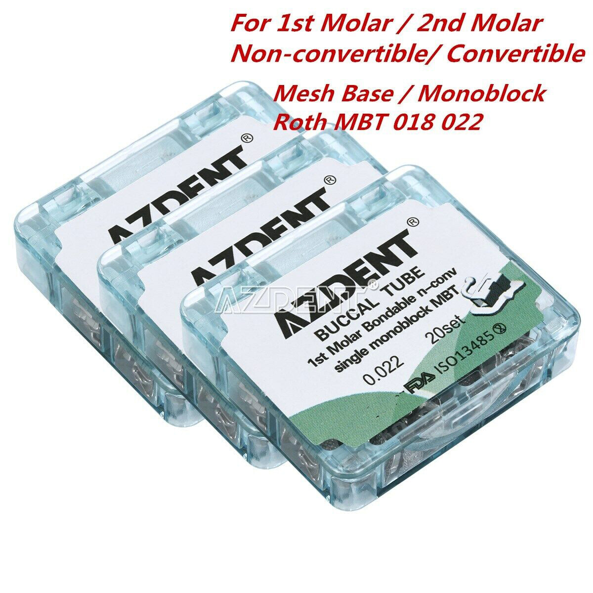 AZDENT Dental Buccal Tubes – 1st/2nd Molar, Roth MBT 018/022, Bondable Mesh Base, Non-Conv