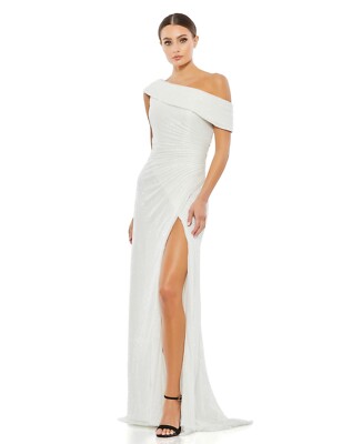 NWT IEENA for Mac Duggal One Shoulder Ruched Sequin Gown White Size 4