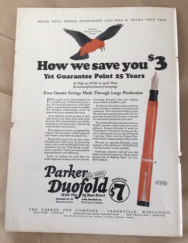 Parker Duofold fountain pen print ad 1924 vintage retro art illus. Tanager bird - Picture 1 of 1
