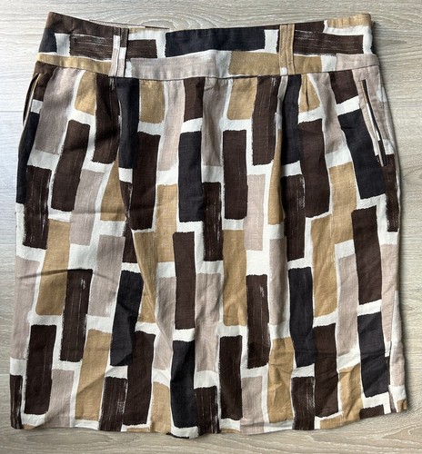 Hobbs Linen Blend Geometric Retro Brown Cream A Line Skirt Size 18 Vintage Look