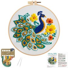 "Kit de bordado de flores de pavo real para principiantes, hágalo usted mismo punto de cruz con aro"