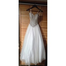 Jovani Size 8 White Tulle Prom Dress Ball Gown Beaded Corset Formal Wedding