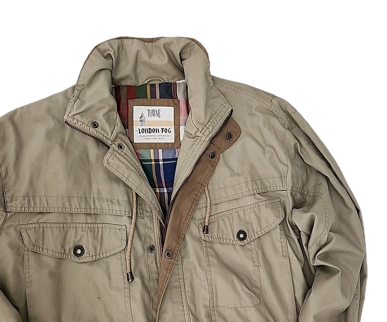 VTG London Fog Men's Large Towne Jacket Rain Parka Stowaway Hood Tan Classic 