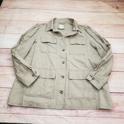 GAP Jacket Women XL Khaki Tan Cotton Linen Blend Utility Field Button Ladies